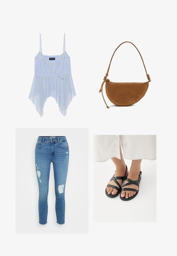 Even&Odd Top - sky blue; Skinny jeans van lichtblauwe denim, met verwerkte details zoals scheuren, rafelige zomen en een klassieke vijf-pocket design.; Voeten in zwarte sandalen met bandjes en enkelgespen, gecombineerd met een wit kledingstuk dat net boven de enkels eindigt, op een witte achtergrond.; Bruine suède schoudertas in halve maan vorm met knoopdetails aan de band en een slanke leren trekkoordaccent aan één kant.