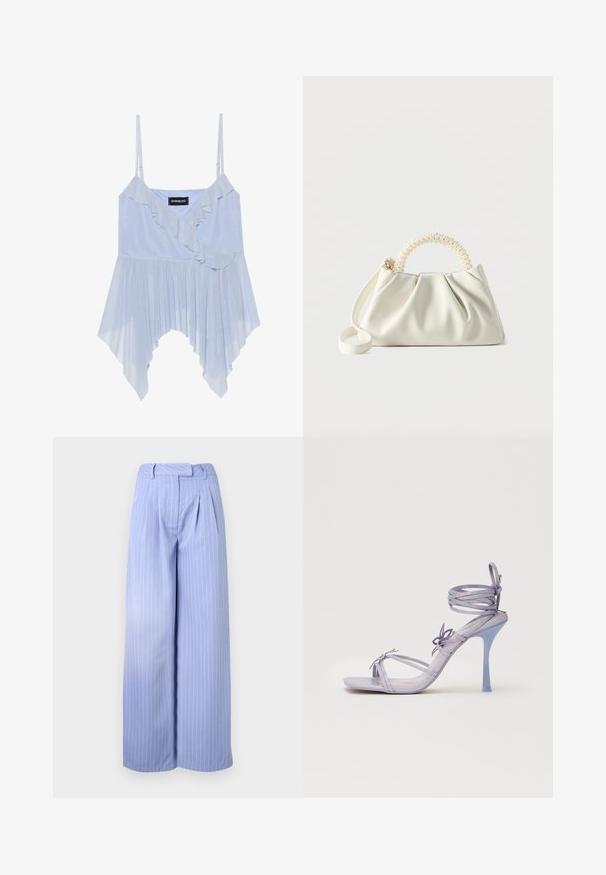 Even&Odd by Zalando Top - sky blue; Lichtblauwe wijde broek met een streepjespatroon, geplooide voorkant en een hoge taille. Gemaakt van een gladde stof met een zachte textuur.; Paarse sandalen met hoge hakken en bandjes met doorzichtige bandjes, decoratieve strikdetails en slanke stilettohak. Gladde textuur en stijlvolle uitstraling.; Kleine witte handtas met een gerimpeld lichaam, ronde handgreep versierd met parels en een afneembare schouderriem tegen een effen achtergrond.