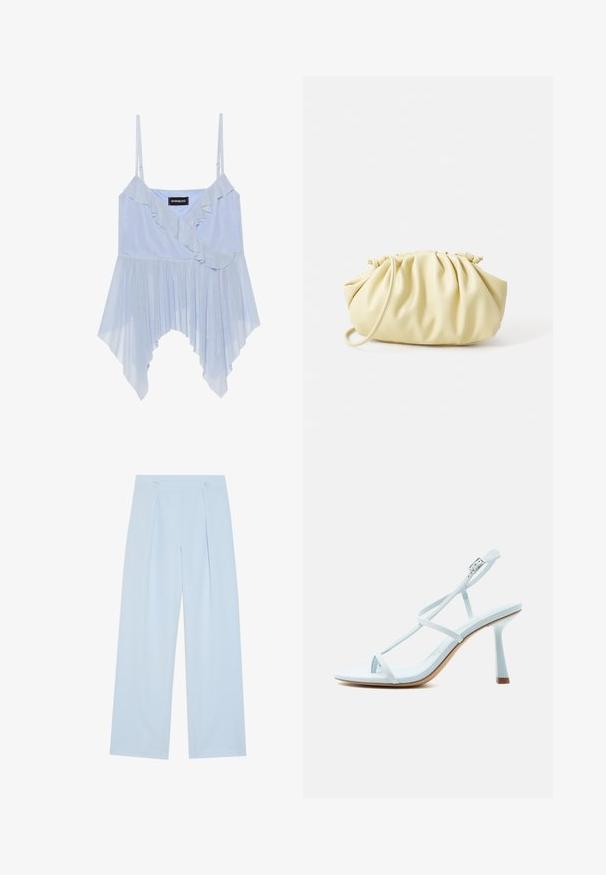 Even&Odd by Zalando Top - sky blue; Lichtblauwe brede broek met twee voorplooien, twee knopen op de tailleband en een gladde stofstructuur.; Lichtblauwe sandaal met hoge hak, smalle bandjes, een gesp rondom de enkel en een slanke, licht uitlopende hak tegen een effen achtergrond.; Geel geplooide handtas van soepel nepleer, met een zachte vorm, een enkele schouderriem en een verzameld ontwerp aan de bovenkant.