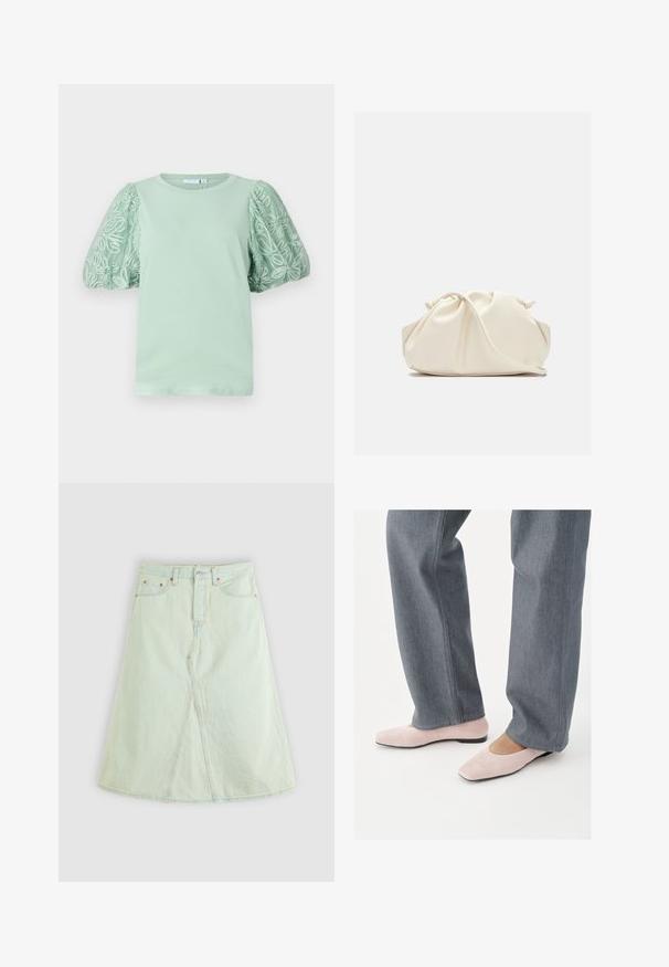 Mintgrøn t-shirt med korte, pufsyer og detaljeret hvid broderi. Rund halsudskæring og blød tekstur. Simpelt, moderne design.; Lys grøn denim A-linje skirt med en frontsplit, fem lommer og metalhardware. Har høj talje og kontrasterende syninger.; Person iført grå denimbukser og lyserøde flade sko i ruskind, stående på en hvid overflade.; Blød, cremefarvet læder clutch taske med samlet, rynket design og en tynd skulderrem, der hviler foran på en ensfarvet baggrund.