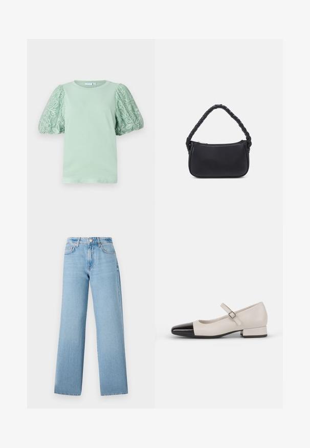 Camiseta verde menta con mangas cortas y voluminosas, adornada con intrincados bordados blancos. Cuello redondo y textura suave. Diseño simple y contemporáneo.; Jeans de pernera ancha de color azul claro, confeccionados en denim, con una cintura alta, diseño de cinco bolsillos y cierre de botón con cremallera.; Zapato estilo Mary Jane en cuero crema con puntera de charol negro. Presenta una punta redonda, tirante en el tobillo con una hebilla cuadrada y un tacón bajo y cuadrado.; Bolso negro de forma redondeada, hecho de material liso. Presenta un asa trenzada y un cierre de cremallera para un almacenamiento seguro.