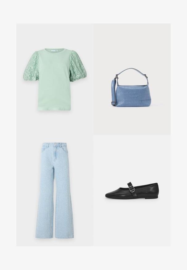 Camiseta verde menta con mangas cortas y voluminosas, adornada con intrincados bordados blancos. Cuello redondo y textura suave. Diseño simple y contemporáneo.; Pantalones vaqueros de mezclilla anchos de color azul claro con una cintura alta, que cuentan con un cierre de botón, cinco bolsillos y una sutil textura desgastada.; Zapato plano de cuero negro con punta redondeada, una sola correa ajustable con hebilla y una textura suave y brillante. Diseño minimalista con un tacón bajo.; Bolso azul claro con relieve de cocodrilo, asa corta y correa de hombro desmontable. Textura lisa con cierre de cremallera.