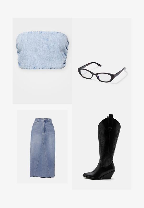 Hele sinine denim ilma randmeteta topp, millel on kogutud tekstuur ja siledad pinnad, sobib igapäevaseks kandmiseks.; Hele sinine denim midi seelik, millel on kõrge vöökohaga, esiõmblused ja ebaühtlane alläär toorikutega, mis lisab tekstuurset viimistlust.; Mustast nahast kauboi saabas terava varbaosaga, kaldus kand, dekoratiivse õmblusega ning nööpidega üleval valge tausta peal.; Kassi silmadega prillid läikiva tumeda kilpkonnakilbi plastraamiga, millel on kaarjad käed ja selged läätsed. Minimalistlik bränding küljel.