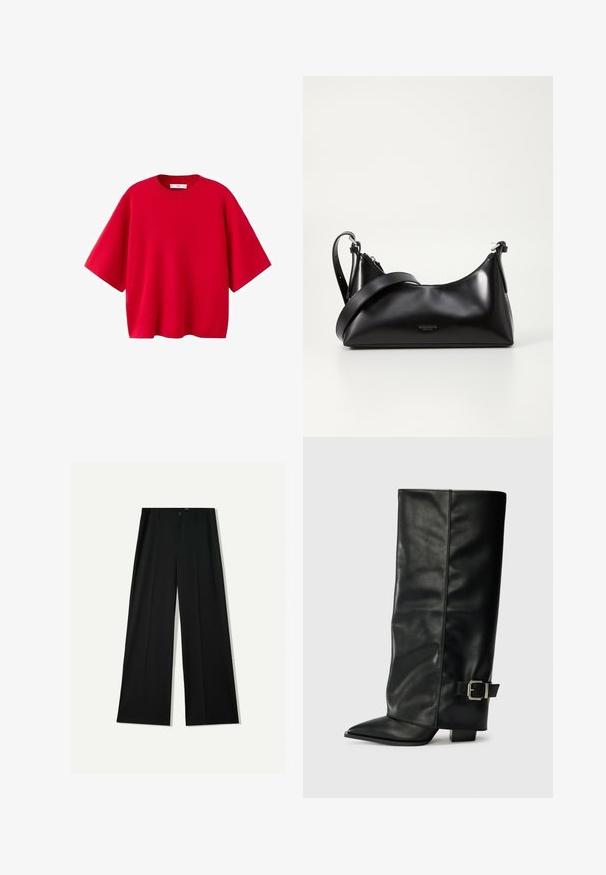 Pull tricot rouge à manches courtes avec un col rond et une coupe ample et carrée.; Bershka WIDE - Pantalon classique - black; Bottes noires en cuir longueur cheville avec un bout pointu, texture lisse et une accent en boucle argentée sur le côté. Talon carré épais.; Sac à main en cuir noir avec une texture lisse. Dispose d'une bandoulière adjustable et d'un design élégant et minimaliste avec une fermeture éclair.