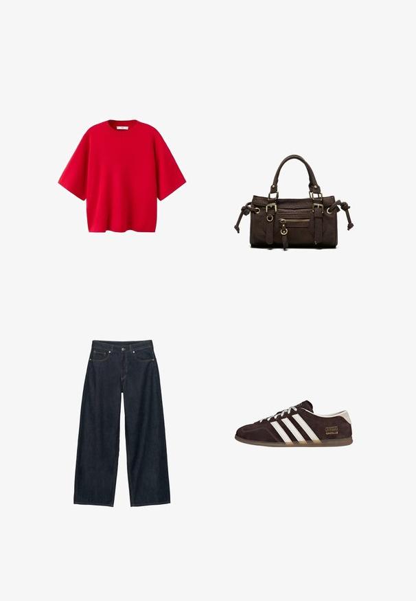 Pull tricot rouge à manches courtes avec un col rond et une coupe ample et carrée.; Jean denim foncé à jambes larges avec une taille haute, doté de poches avant, de coutures contrastantes et d'une braguette à boutons. Texture lisse.; Baskets en suède marron avec trois bandes blanches, semelle en caoutchouc, et étiquette avec le texte "Gazelle" en or. Fermeture à lacets avec lacets gris.; Sac à main en cuir marron foncé avec double poignée, poche avant zippée, boucles décoratives et nœuds latéraux sur fond blanc.