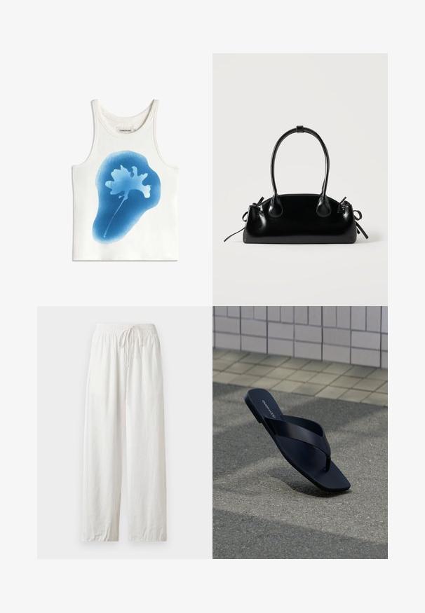 Débardeur blanc sans manches en tissu côtelé avec un motif de fleur abstraite bleue centré à l'avant et étiquette THINKING MU à l'intérieur du col.; Pantalon ample en lin blanc avec taille élastique et cordon, présenté à plat sur un fond neutre.; Sandale noire à lanière avec bout carré et nom de la marque sur la semelle, positionnée debout sur un pavement texturé près d’un mur carrelé.; Petit sac à main noir brillant avec deux longues anses et des détails à cordon sur les côtés sur un fond clair uni.