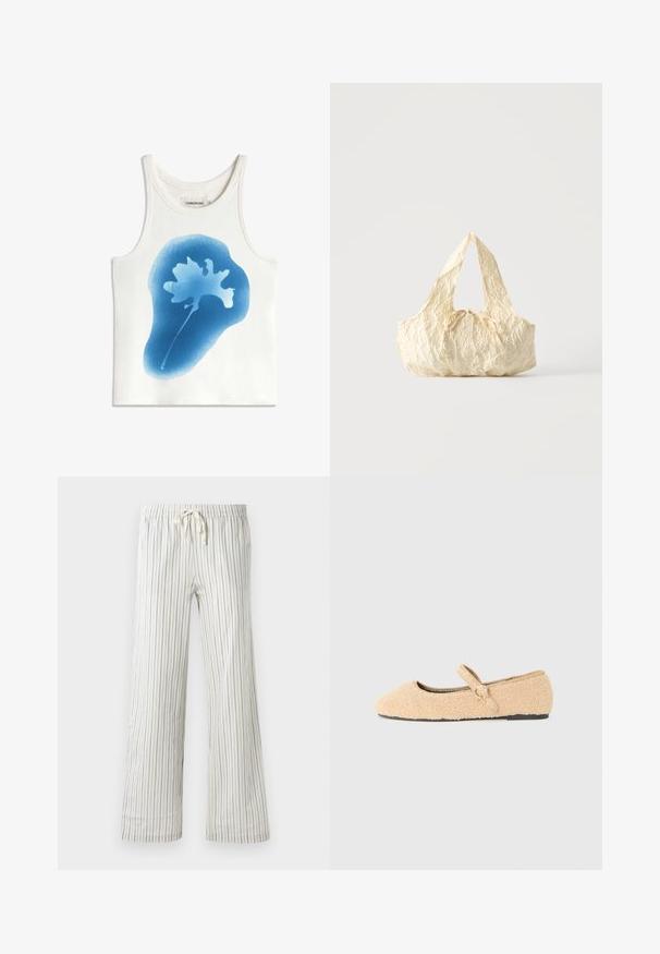 Débardeur blanc sans manches en tissu côtelé avec un motif de fleur abstraite bleue centré à l'avant et étiquette THINKING MU à l'intérieur du col.; Pantalon blanc à cordon de serrage avec de fines rayures verticales bleues et une taille élastique, présenté de face sur un fond uni.; Chaussure plate Mary Jane en beige peluche avec bout arrondi, sangle réglable avec boucle circulaire et semelle noire sur fond blanc.; Sac à main en tissu texturé couleur crème avec des anses sur le dessus et un petit nœud noué au centre devant.