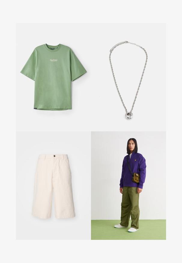Grøn kortærmet t-shirt lavet af bomuld, med rund hals og et lille hvidt logo på brystet. Glat tekstur, afslappet pasform.; Lys beige bomuldsshorts med lige pasform, der har en knaplukning, sidelommer og en kant, der falder lige over knæet.; Jordan AIR JORDAN 1 ZM CMFT 2 - Sneakers high - summit white/bicoastal/oxidized green; Sølvfarvet metalhalskæde med et snoet kædedesign og en cirkulær vedhæng med en poleret overflade.