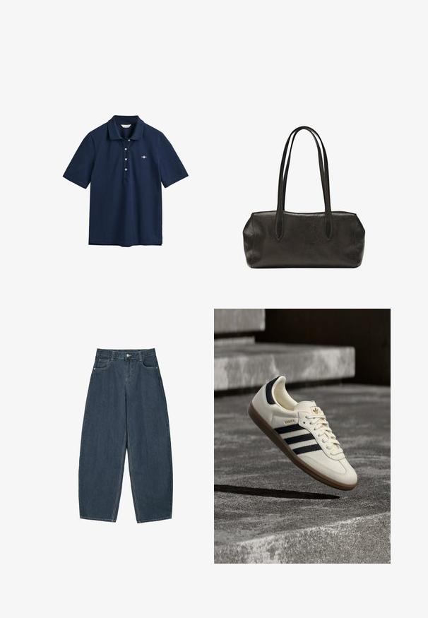Polo bleu marine en coton, avec un col classique, une patte de boutonnage à trois boutons et un petit logo brodé sur la poitrine.; Jeans en denim bleu foncé à jambes larges avec une taille haute, dotés de cinq poches et de détails de couture visibles. Design épuré et minimal.; Baskets blanches Adidas Samba avec des bandes noires et une semelle en gomme, flottant au-dessus de marches en béton gris texturé.; Sac à main rectangulaire en cuir noir avec longues bretelles doubles et finition texturée, présenté sur un fond blanc uni.