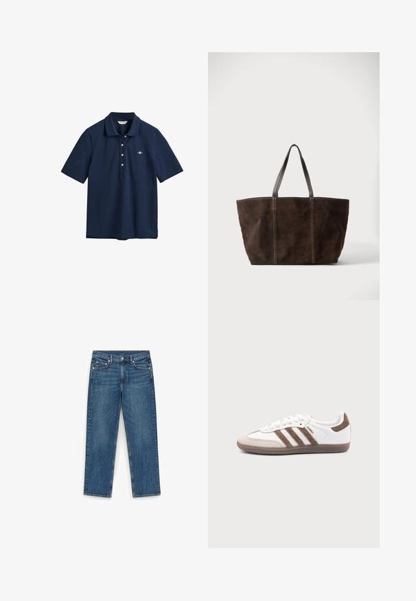 Polo bleu marine en coton, avec un col classique, une patte de boutonnage à trois boutons et un petit logo brodé sur la poitrine.; Jean droit en denim bleu avec bouton et fermeture éclair à l'avant, cinq poches, et surpiqûres contrastantes sur fond blanc.; Baskets Adidas Samba blanches avec des bandes en daim marron, semelle en caoutchouc marron et bout en daim beige, vues du côté extérieur sur un fond uni.; Sac cabas en daim brun foncé avec deux poignées en cuir noir et des détails de coutures verticales, présenté sur un fond clair uni.