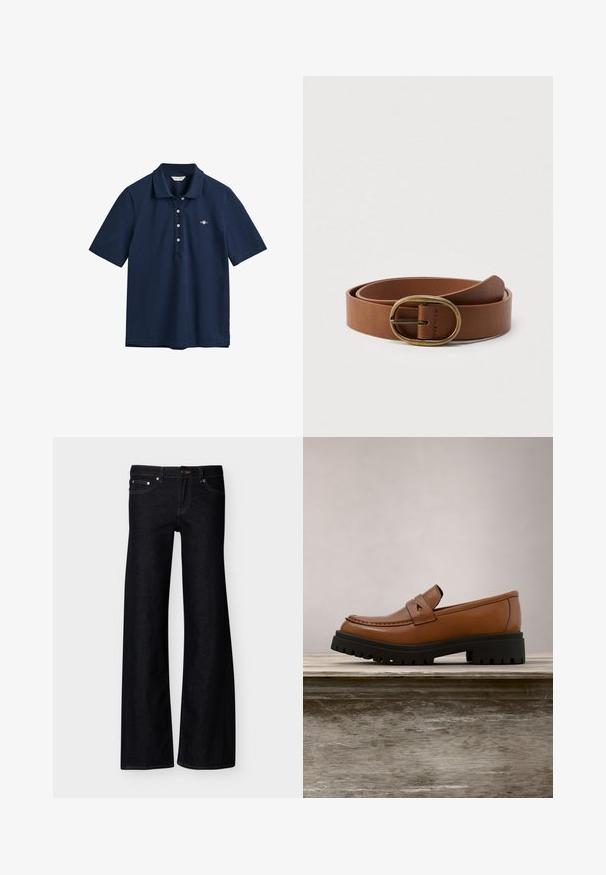 Polo bleu marine en coton, avec un col classique, une patte de boutonnage à trois boutons et un petit logo brodé sur la poitrine.; Jean denim noir à jambes larges avec poches avant, fermeture par bouton, et coutures apparentes, présenté sur un fond blanc uni.; Mocassin en cuir marron avec une semelle noire épaisse flottant au-dessus d'une surface en bois, avec de grandes herbes vertes en arrière-plan.; Ceinture en cuir marron enroulée avec une boucle ovale en laiton, présentée sur un fond blanc uni.