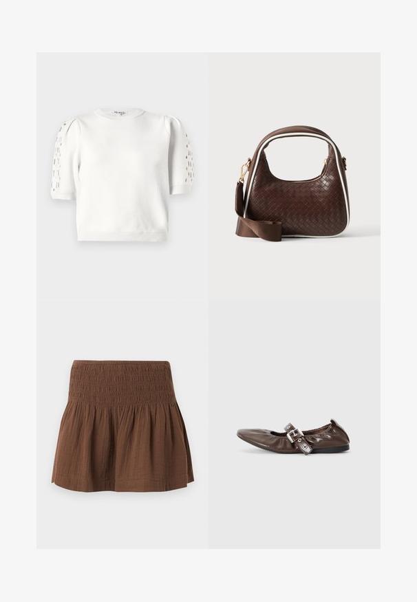Pull en tricot blanc coupé avec un col rond, des manches courtes dotées de détails en œillets sur les épaules, et un ourlet côtelé. Texture lisse.; Mini-jupe marron avec ceinture élastique smockée et tissu froncé en dessous, fabriquée en matériau léger texturé.; Chaussure plate en cuir verni marron avec un bout pointu, un détail de nœud élastiqué et une accent en boucle en argent sur le côté. Semelle en caoutchouc noir.; Sac à main en cuir tressé marron avec passepoil blanc, fermeture éclair dorée et bandoulière amovible en tissu marron.