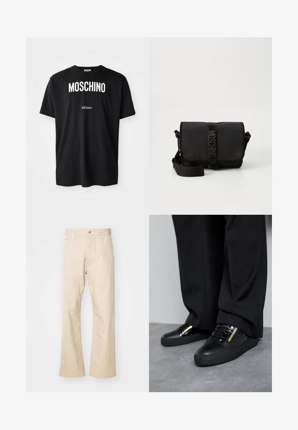 Zwarte katoenen t-shirt met ronde hals. Bevat vetgedrukte witte tekst: "MOSCHINO" erboven en "Milano" eronder. Eenvoudig, klassiek ontwerp.; Beige broek van katoen, met een rechte pijp, twee voorkruiden, ceintuurlussen en een metalen knoopsluiting.; Zwarte leren sneakers met glanzende accenten, gestructureerde veters en een ritsdetail; gecombineerd met donkere, loszittende broek op een grijze vloer.; Zwarte nylon schoudertas met klep, voorzien van een opvallende logo riemsluiting, een verstelbare schouderriem en zijnaaddetails.