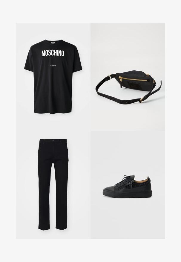 Camiseta de algodón negra con cuello redondo. Presenta un texto blanco en negrita: "MOSCHINO" arriba y "Milano" abajo. Diseño simple y clásico.; Vaqueros de mezclilla negra con un diseño de pierna recta, cinco bolsillos, cierre frontal de botón y detalles de costura sutiles. Textura suave.; Zapatilla de cuero negra con acentos texturizados en negro, puntera redonda, parte frontal con cordones y suela gruesa negra. Cuenta con una cremallera lateral para facilitar su uso.; Bolso cruzado de tela negra con cremalleras doradas, acentos de ante, forma rectangular, correa ajustable y superficie texturizada.