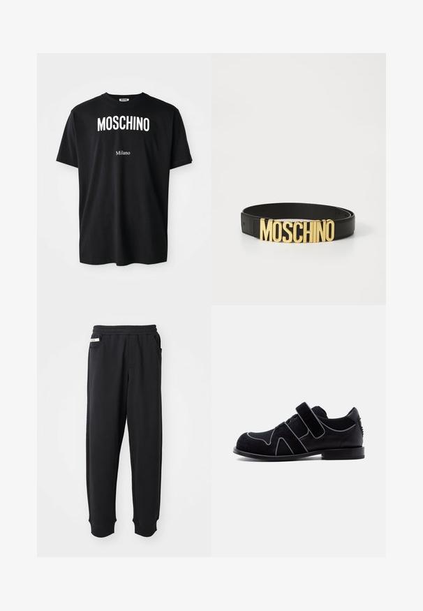 Čierne bavlnené tričko s okrúhlym výstrihom. Obsahuje výrazný biely text: "MOSCHINO" hore a "Milano" dole. Jednoduchý, klasický dizajn.; Čierne tepláky vyrobené z mäkkého materiálu, s elastickým pásom, bočnými vreckami a rebrovanými manžetami na členkoch. Minimalistický dizajn.; Čierna pánska spoločenská obuv s pásikom na suchý zips, detailom na šnurovanie, z materiálov semiš a koža, s nízkym opätkom na jednoduchom bielom pozadí.; Čierny kožený opasok s veľkou zlatou prackou s logom "MOSCHINO", hladký povrch, nastaviteľná veľkosť a minimalistický dizajn.