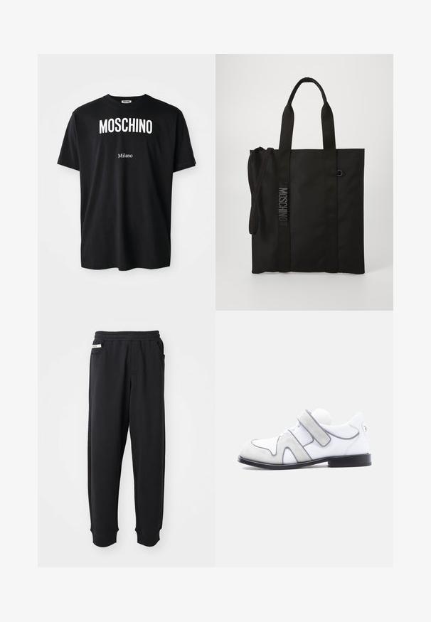 Čierne bavlnené tričko s okrúhlym výstrihom. Obsahuje výrazný biely text: "MOSCHINO" hore a "Milano" dole. Jednoduchý, klasický dizajn.; Čierne tepláky vyrobené z mäkkého materiálu, s elastickým pásom, bočnými vreckami a rebrovanými manžetami na členkoch. Minimalistický dizajn.; Biela kožená spoločenská obuv so sivou semišovou časťou, čiernou podrážkou a jedným širokým suchým zipsom na boku.; Čierna taška cez rameno vyrobená z odolného materiálu, s krátkymi rukoväťami a nastaviteľným ramenným popruhom. Obsahuje embosované logo pozdĺž popruhu.