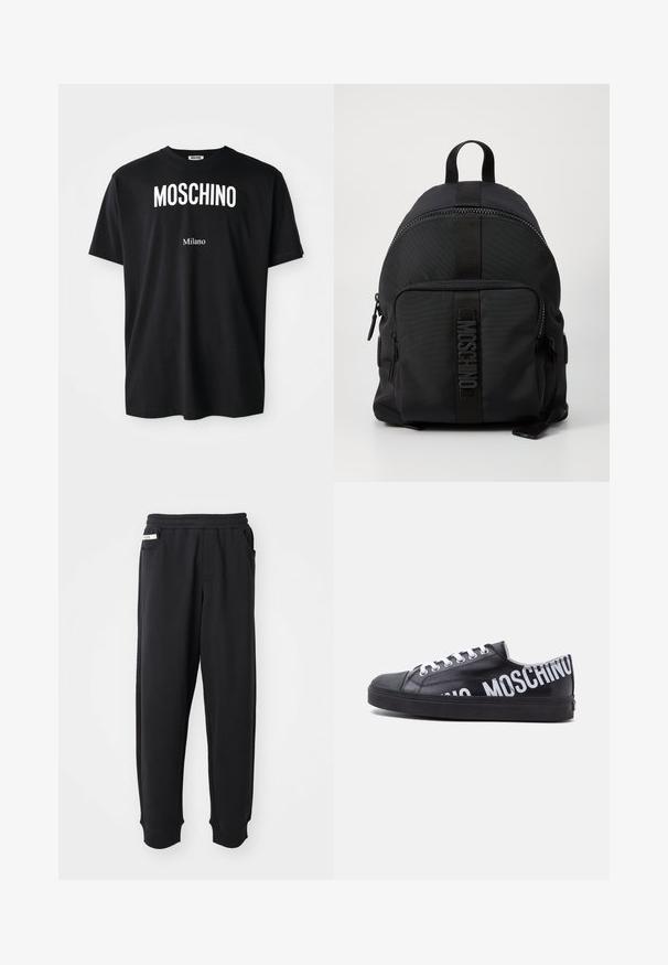 Camiseta de algodón negra con cuello redondo. Presenta un texto blanco en negrita: "MOSCHINO" arriba y "Milano" abajo. Diseño simple y clásico.; Pantalones de chándal negros de tela suave, con cinturilla elástica, bolsillos laterales y puños acanalados en los tobillos. Diseño minimalista.; Zapatilla negra de corte bajo con cordones blancos y texto audaz en blanco "MOSCHINO" que rodea el talón y el lateral.; Mochila negra de nailon con forma ovalada, asa en la parte superior, bolsillo delantero con cremallera y una franja de logo texturizada en el centro.