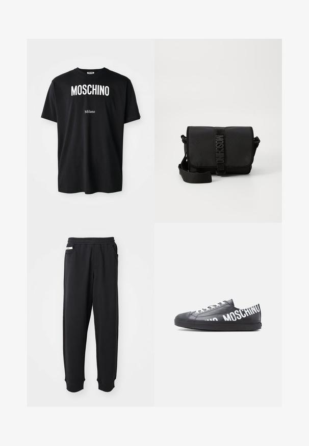 Čierne bavlnené tričko s okrúhlym výstrihom. Obsahuje výrazný biely text: "MOSCHINO" hore a "Milano" dole. Jednoduchý, klasický dizajn.; Čierne tepláky vyrobené z mäkkého materiálu, s elastickým pásom, bočnými vreckami a rebrovanými manžetami na členkoch. Minimalistický dizajn.; Čierna nízka teniska s bielymi šnúrkami a nápisom „MOSCHINO“ vytlačeným veľkými bielymi písmenami po boku a na päte.; Čierna nylonová crossbody taška s chlopňou, ktorá má výrazné uzatváranie na popruh s logom, nastaviteľný popruh a detaily bočného šitia.
