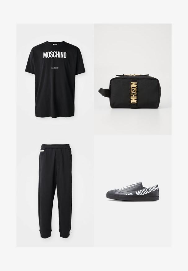 Zwarte katoenen t-shirt met ronde hals. Bevat vetgedrukte witte tekst: "MOSCHINO" erboven en "Milano" eronder. Eenvoudig, klassiek ontwerp.; Zwarte sweatpants van zachte stof, met een elastische tailleband, zijzakken en geribbelde boorden bij de enkels. Minimalistisch ontwerp.; Zwarte lage sneaker met witte veters en "MOSCHINO" in grote witte letters langs de zijkant en hiel gedrukt.; Zwart stoffen cosmeticazak met een rechthoekige vorm, gouden "MOSCHINO" logo, ritsluiting en een zijriem voor gemakkelijke handling.