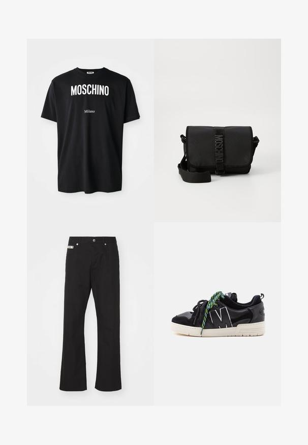 Čierne bavlnené tričko s okrúhlym výstrihom. Obsahuje výrazný biely text: "MOSCHINO" hore a "Milano" dole. Jednoduchý, klasický dizajn.; Čierne bavlnené nohavice s rovnými nohavicami, zakončené predným zapínaním na gombík, dvoma bočnými vreckami a malou značkovou nášivkou na páse.; Čierna nízka teniska s bielou podrážkou, veľkým bielym ohraničeným "M" na boku a nezhodnými čiernymi a zelenými vzorovanými šnúrkami.; Čierna nylonová crossbody taška s chlopňou, ktorá má výrazné uzatváranie na popruh s logom, nastaviteľný popruh a detaily bočného šitia.