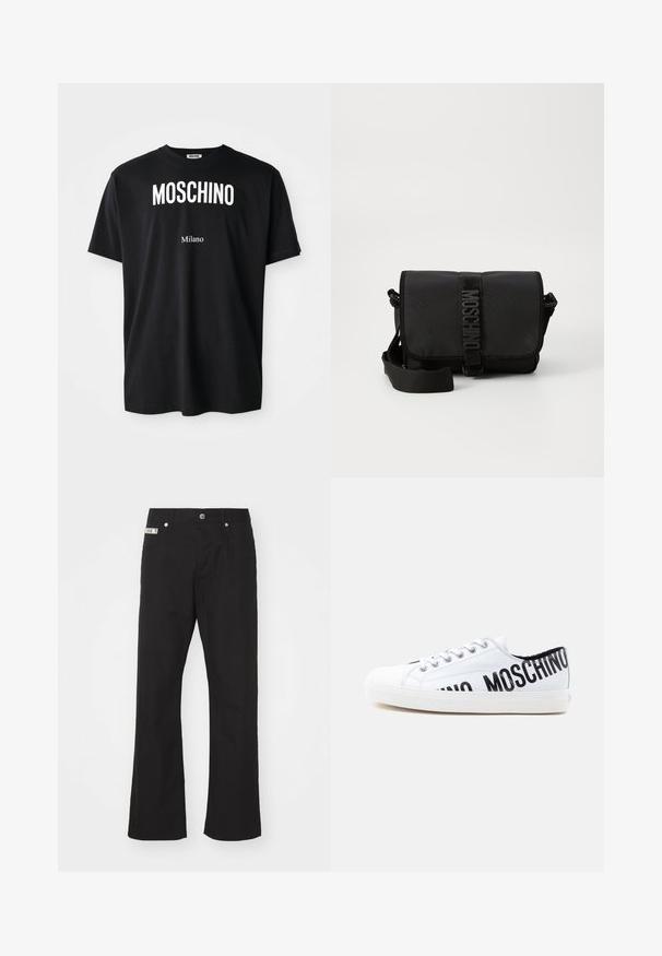 Zwarte katoenen t-shirt met ronde hals. Bevat vetgedrukte witte tekst: "MOSCHINO" erboven en "Milano" eronder. Eenvoudig, klassiek ontwerp.; Zwarte katoenen broek met een rechte pijpdesign, voorzien van een sluiting met een knoop aan de voorkant, twee zijzakken en een klein merklabel op de tailleband.; Witte lage sneaker met witte veters en zwarte "MOSCHINO" tekst gedeeltelijk zichtbaar aan de zijkant en hiel.; Zwarte nylon schoudertas met klep, voorzien van een opvallende logo riemsluiting, een verstelbare schouderriem en zijnaaddetails.