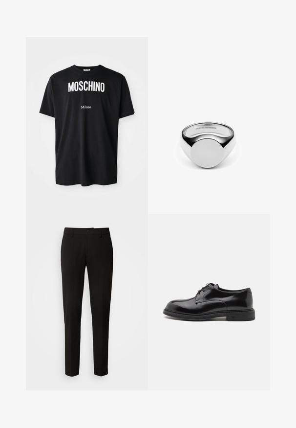 Sort bomulds t-shirt med rund hals. Har fed hvid tekst: "MOSCHINO" ovenfor og "Milano" nedenfor. Enkel, klassisk design.; Sorte bukser med lige ben design, der har knaplukning, bæltestropper og en glat stofstruktur. Ingen synlige mønstre eller accenter.; Sorte læder dress sko med en glat overflade, rund tå og snørebånd. Har en tykk sort sål og diskret syning langs kanten.; Sølv ring med et glat, rundt design. Har en flad, cirkulær top og polerede kanter. Reflekterende overflade forstærker det visuelle indtryk.