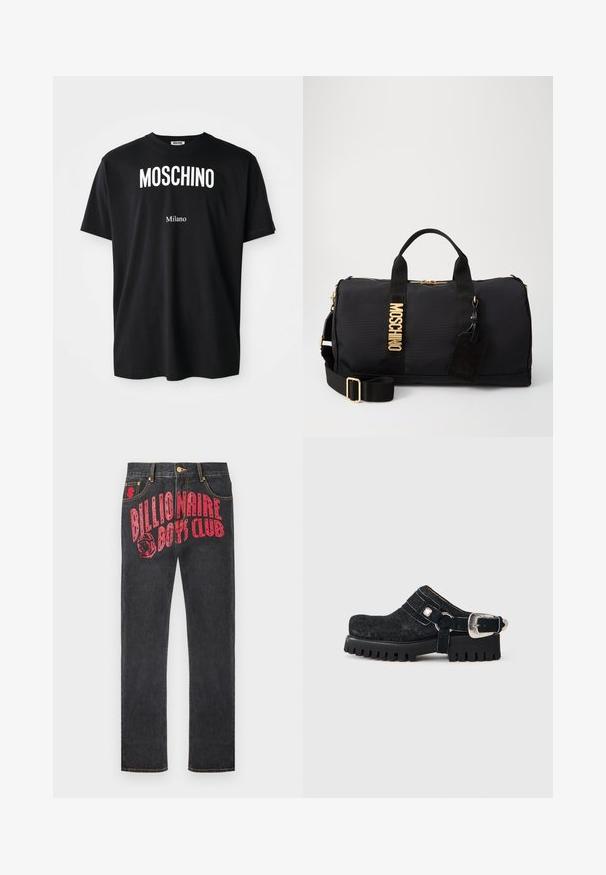 Camiseta de algodón negra con cuello redondo. Presenta un texto blanco en negrita: "MOSCHINO" arriba y "Milano" abajo. Diseño simple y clásico.; Vaqueros negros de mezclilla con un destacado estampado gráfico rojo que dice "Billionaire Boys Club" con un emblema de astronauta, corte recto.; Zueco negro con suela gruesa, parte superior texturizada y una gran correa con hebilla plateada en el talón sobre un fondo liso de color gris claro.; Bolsa de deporte de nailon negra con herrajes dorados, que cuenta con dos asas superiores, una correa de hombro ajustable y un parche de logo bordado. Superficie texturizada.