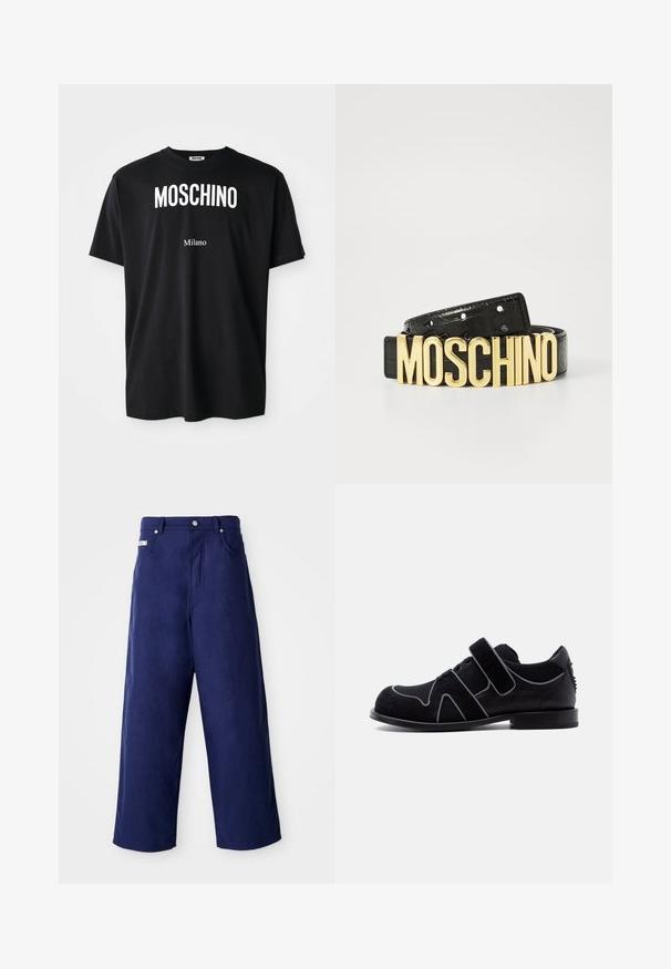 Čierne bavlnené tričko s okrúhlym výstrihom. Obsahuje výrazný biely text: "MOSCHINO" hore a "Milano" dole. Jednoduchý, klasický dizajn.; Nadmorské nohavice v námořní modrej farbe, vyrobené z mäkkej látky. Majú uzáver na gombík a predné vrecká, s čistým popodom a bez viditeľných vzorov.; Čierna pánska spoločenská obuv s pásikom na suchý zips, detailom na šnurovanie, z materiálov semiš a koža, s nízkym opätkom na jednoduchom bielom pozadí.; Čierny kožený opasok s krokodílou textúrou a veľkým zlatým logom "MOSCHINO" ako sponou. Obsahuje viacero nastavovacích dierok.