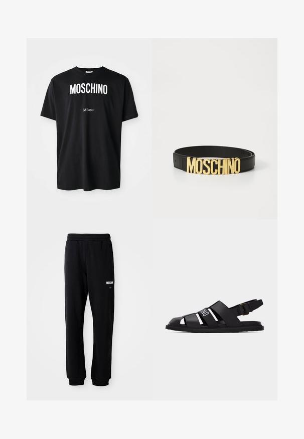 Schwarzes Baumwoll-T-Shirt mit rundem Halsausschnitt. Mit fettem weißen Text: "MOSCHINO" oben und "Milano" unten. Einfaches, klassisches Design.; Schwarze Jogginghose mit lockerer Passform, aus weichem Stoff. Mit elastischem Bund und weißem "Moschino"-Logo auf dem linken Oberschenkel.; Schwarze Lederfischersandale mit verstellbarem Schnallenriemen und elastischem Band mit der Aufschrift "MOSCHINO" an der Seite, flache Sohle.; Schwarzer Leder-Gürtel mit einer großen goldenen "MOSCHINO"-Logo-Schnalle, glatte Textur, verstellbare Größe und minimalistisches Design.