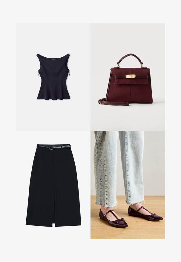 Top sans manches bleu marine avec un large encolure, un ourlet évasé et deux poches zippées sur les côtés. Fabriqué dans un tissu lisse et extensible.; Jupe noire à mi-cuisse avec une fente frontale, fabriquée en tissu lisse. Comprend une fine ceinture noire avec une boucle en argent et des passants.; Ballerines bordeaux brillantes avec une bride en T, ornées d'un nœud à l'avant. Portées avec un jean court en denim bleu clair.; Sac à main en cuir bordeaux foncé avec une poignée supérieure, un fermoir à tourniquet doré et une bandoulière amovible sur un fond uni.