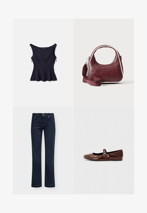 Top sans manches bleu marine avec un large encolure, un ourlet évasé et deux poches zippées sur les côtés. Fabriqué dans un tissu lisse et extensible.; Jean bleu foncé à jambes droites avec cinq poches et fermeture à boutons, présenté à plat sur un fond clair.; Ballerine en cuir verni marron avec un bout carré et une lanière ornée d'une petite boucle dorée. Texture lisse, talon bas et design minimaliste.; Sac à main en cuir tressé marron foncé avec poignée courbée, garniture blanche, fermeture éclair argentée et bandoulière large en tissu amovible sur fond uni.