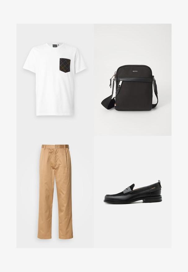 Barbour BARBOUR ARNSIDE TARTAN POCKET T-SHIRT - T-Shirt print - white; Khaki-Hosen aus Baumwollmischung, im geraden Schnitt, mit Vorderfalten, Gürtelschlaufen und Knopfverschluss. Glatte Textur ohne Muster.; Schwarzer Lederloafer mit grauem Riemendetail, niedrigem Absatz und strukturierter Sohle, seitlich mit „HUGO“ in Gold gebrandmarkt.; Schwarze Umhängetasche aus strukturiertem Stoff, mit Logo auf der Vorderseite, Reißverschluss und verstellbarem Tragegurt. Verfügt über eine glatte Lederbesatz.