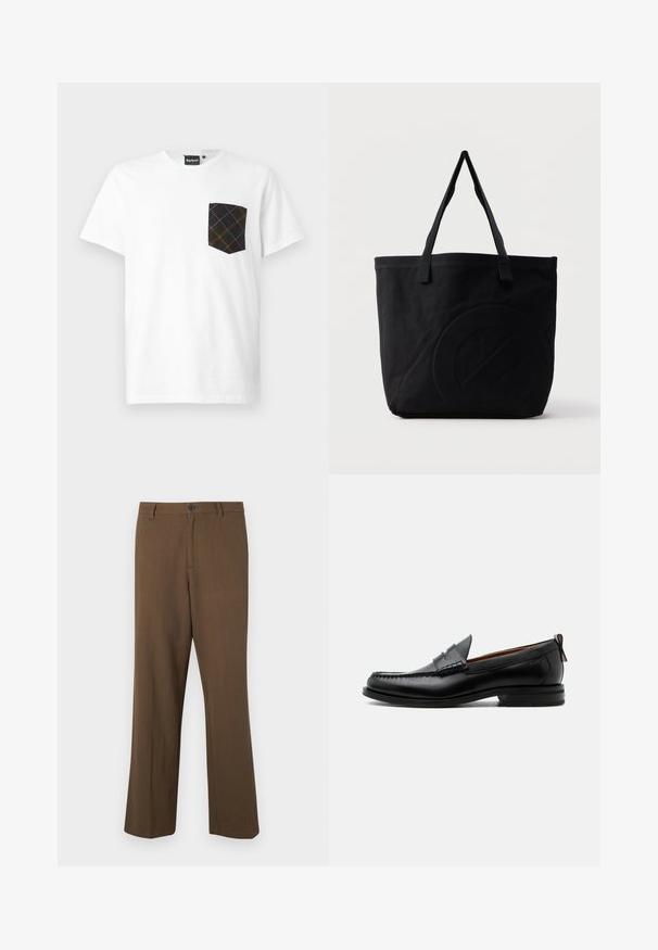 Barbour BARBOUR ARNSIDE TARTAN POCKET T-SHIRT - T-Shirt print - white; Braune, gerade geschnittene Hosen aus strukturiertem Stoff, mit Knopfverschluss und normalem Bund, seitlichen Taschen und taillierten Nähten.; Schwarzer Leder-Herrenschuh mit Mokassinnaht, Penny-Riemen, strukturiertem Kragen und niedrigem gestapeltem Absatz auf weißem Hintergrund.; Schwarze Canvas-Shopper-Tasche mit zwei Schulterriemen und einem dezenten, eingeprägten kreisförmigen Design auf der Vorderseite.