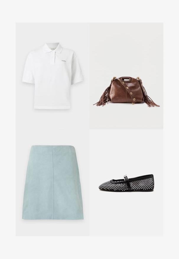 Polo blanc manches courtes avec col, deux boutons et petit texte "CLOSED" brodé sur la poitrine gauche et à l’intérieur du col.; Jupe trapèze en daim bleu clair avec une couture centrale, longueur au genou, et une texture lisse sur un fond uni.; Chaussure plate Mary Jane noire avec des clous ronds argentés couvrant la tige et une fine bride avec une petite boucle argentée.; Sac à main en cuir marron avec des franges, des œillets dorés sur la bandoulière amovible et une poignée découpée sur un fond uni.