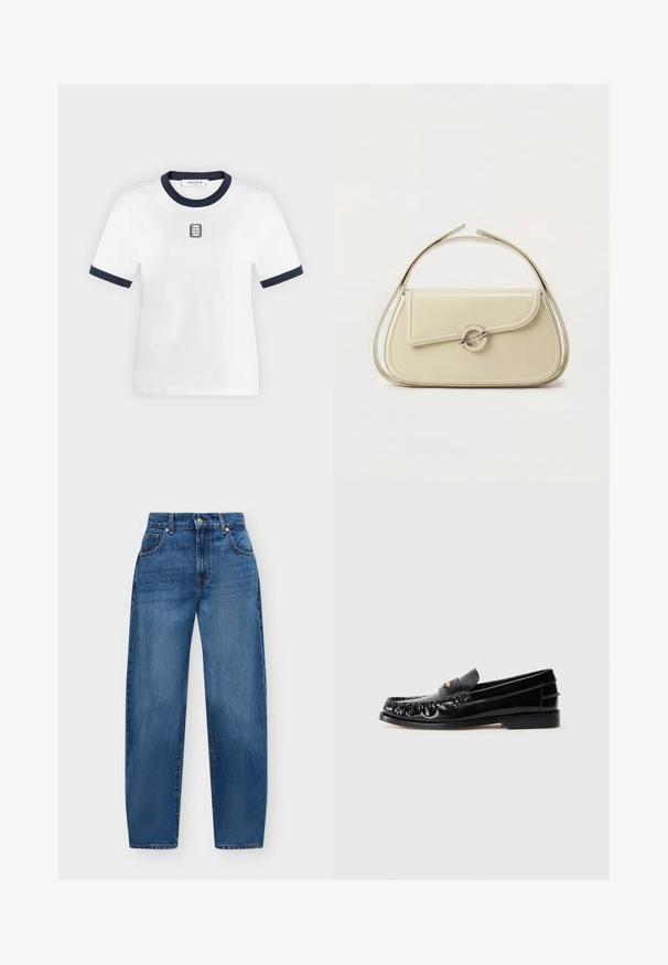 T-shirt blanc à manches courtes avec col et bordures de manches bleu marine, avec un petit logo rectangulaire brodé sur la poitrine.; Jean bleu taille haute à jambes droites avec fermeture devant par bouton et fermeture éclair, poches avant et arrière, et passants de ceinture.; Mocassins en cuir noir avec un bout arrondi, des coutures décoratives et un petit accent doré sur le dessus. Semelle en caoutchouc plate, design épuré.; Sac à main en cuir crème avec rabat incurvé, fermoir circulaire en argent et poignée courte sur le dessus, sur fond blanc uni.