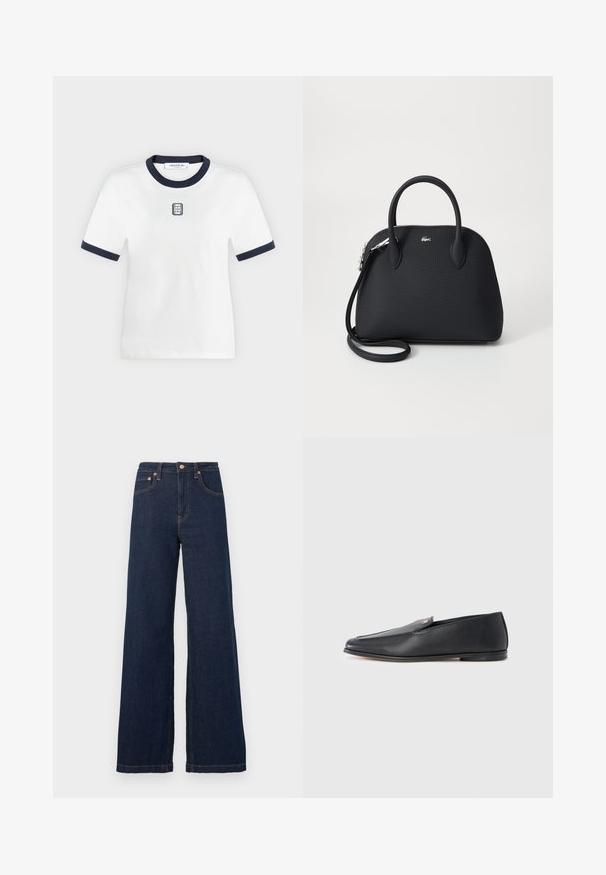 T-shirt blanc à manches courtes avec col et bordures de manches bleu marine, avec un petit logo rectangulaire brodé sur la poitrine.; Jean denim bleu foncé taille haute, jambes larges, avec poches avant, passants pour ceinture, bouton et rivets couleur cuivre.; Mocassins en cuir noir à texture lisse, bout arrondi et détails de couture subtils. Ils présentent un accent logo doré sur le côté supérieur.; Sac à main noir en matériau texturé, doté de deux poignées supérieures et d'une bandoulière amovible, avec un accent logo en argent.
