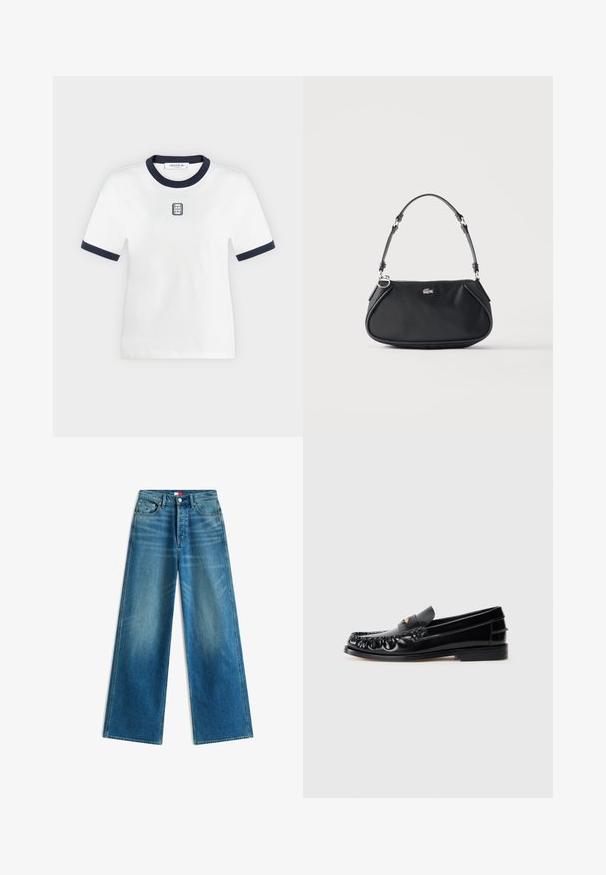 T-shirt blanc à manches courtes avec col et bordures de manches bleu marine, avec un petit logo rectangulaire brodé sur la poitrine.; Jean bleu à jambes larges avec poches avant, passants de ceinture, fermeture par bouton et petits détails du drapeau de la marque sur la poche et à la taille.; Mocassins en cuir noir avec un bout arrondi, des coutures décoratives et un petit accent doré sur le dessus. Semelle en caoutchouc plate, design épuré.; Sac d'épaule noir avec sangle réglable, fermeture éclair et petit logo crocodile argenté au centre devant.