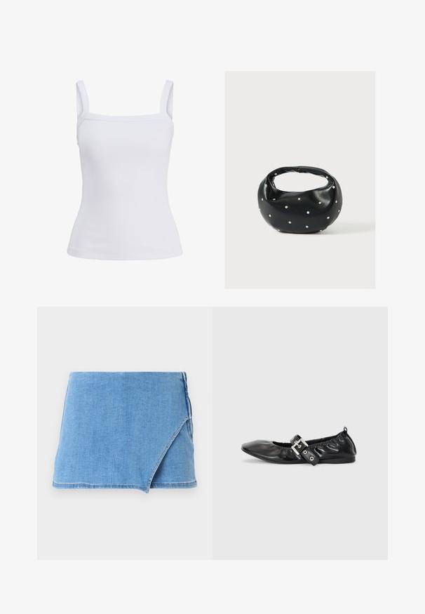 Witte geribde tanktop met brede schouderbandjes en een rechte halslijn, weergegeven op een effen achtergrond.; Denim minirok in lichtblauw, met een wikkelontwerp, een rafelige zoom en een gladde textuur. Geen aanvullende versieringen of patronen.; Zwarte leren platte schoen met een spitse neus, geplooide details rond de opening en een zilveren gespaccentueerde verstelbare band.; Zwarte leren handtas met een afgeronde vorm, versierd met zilveren studs, en een korte handgreep. Gladde textuur en ritsluiting.