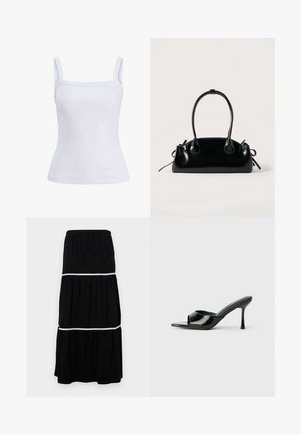 Camiseta sin mangas blanca con textura acanalada, tirantes anchos y escote recto, mostrada sobre un fondo liso.; Falda maxi negra en capas hecha de tela suave; cuenta con una cintura elástica y un borde blanco con forma de concha entre las capas para un detalle adicional.; Mules de charol negro con punta abierta, una tira estrecha y tacón stilettos. Textura suave y diseño minimalista con suela plana.; Pequeño bolso negro brillante con dos asas largas y detalles de cordón lateral sobre un fondo claro liso.