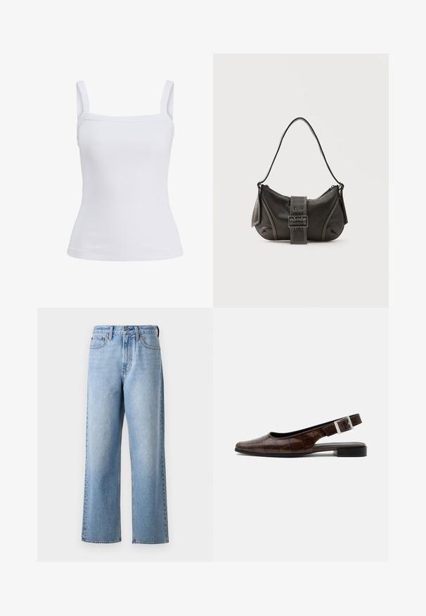 Hvid ribbet tanktop med brede skulderstropper og lige halsudskæring, vist på en ensfarvet baggrund.; Lys blå denim jeans med lige ben-design, der har en knaplukning, bæltestropper og subtil aftoning i stofstrukturen.; Mørkebrun læderslingback flad sko med firkantet tå, krokodille tekstur og sølvspænde på remmen.; Sort læder skuldertaske med spænde på remmen, afrundede kanter og kontrasterende hvide syninger på en ensfarvet baggrund.