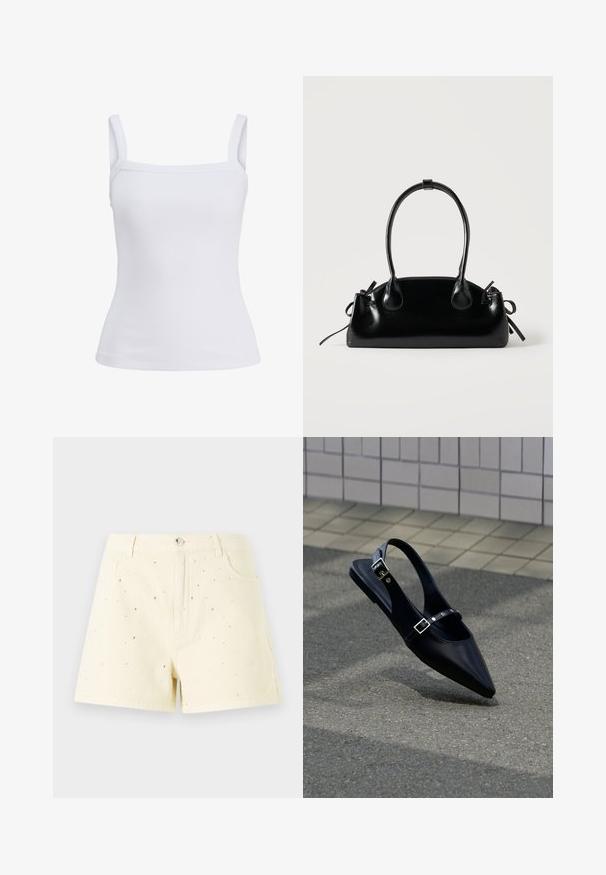 Witte geribde tanktop met brede schouderbandjes en een rechte halslijn, weergegeven op een effen achtergrond.; Geel denim shorts met een hoge taille en een losse pasvorm, met kleine zilveren studs die over de voorkant zijn verspreid voor detail.; Zwarte platte slingback met spits toelopende neus en dubbele gespsluitingen, rustend op grijs asfalt bij een achtergrond van betegelde muur.; Kleine zwarte glanzende handtas met twee lange hengsels en zijkant trekkoord details op een effen lichte achtergrond.