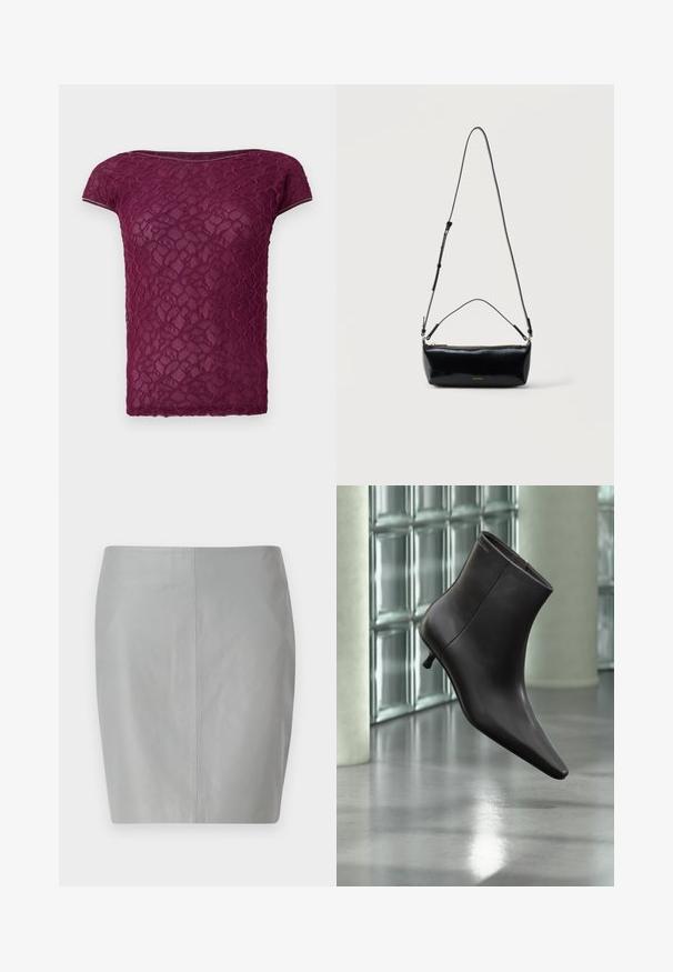 T-shirt en dentelle bordeaux avec des manches courtes, un col rond et un motif floral texturé. Tissu léger et semi-transparent.; Jupe crayon en cuir gris avec une texture lisse, présentant un design simple et une couture centrale se prolongeant verticalement à l'arrière.; Bottine en cuir noir avec bout pointu et petit talon, présentée devant un mur en blocs de verre et un sol poli.; Sac bandoulière rectangulaire en cuir noir avec bandoulière ajustable, fermeture éclair sur le dessus et petit logo Calvin Klein doré sur le devant.