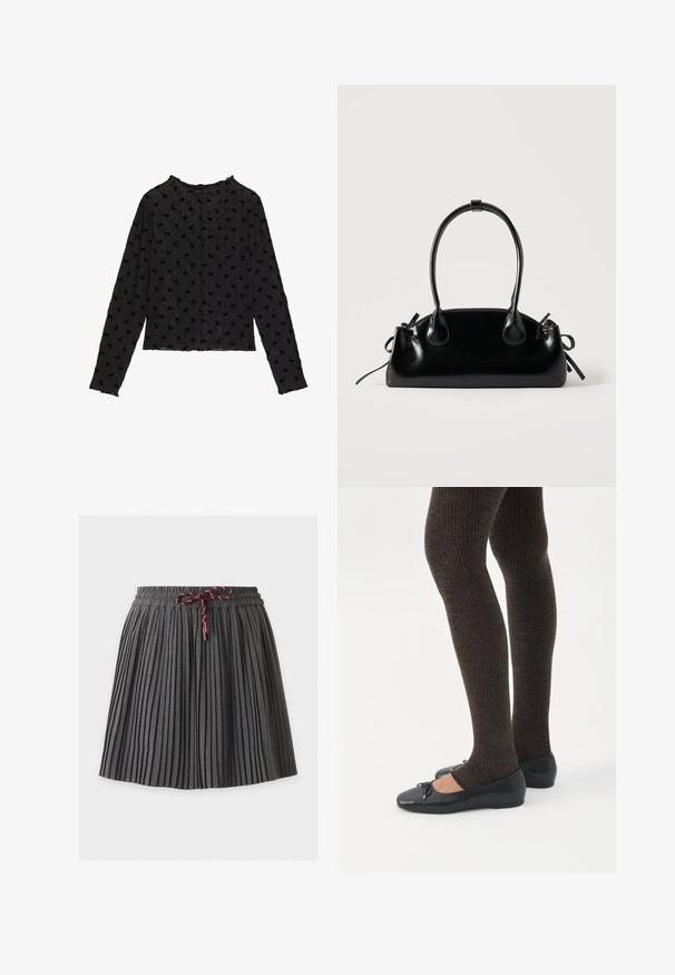 Haut noir à manches longues en tissu texturé, avec un design ondulé et des motifs de nœuds surélevés partout. Encolure arrondie et silhouette ajustée.; Jupe plissée gris foncé avec une taille élastique et un cordon bordeaux noué au centre devant.; Jambes portant des leggings côtelés foncés associés à des ballerines noires avec de petits détails en nœud sur fond blanc.; Petit sac à main noir brillant avec deux longues anses et des détails à cordon sur les côtés sur un fond clair uni.