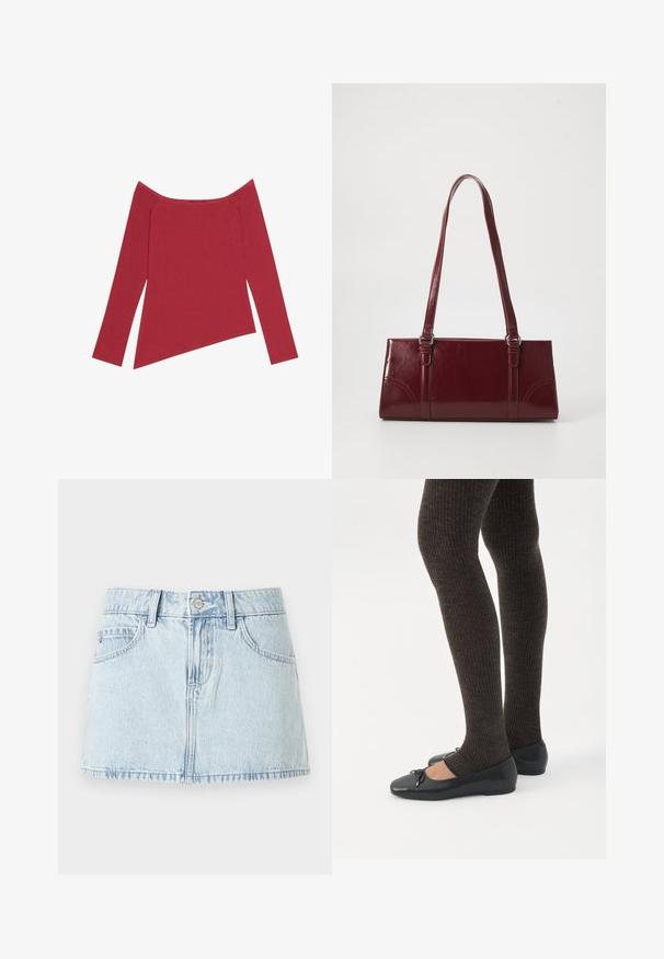 Rode off-the-shoulder top met lange mouwen, geribbelde textuur en een asymmetrische zoom, met een gladde afwerking en subtiele naden.; Lichtblauwe denim mini-rok met een knoopsluiting aan de voorkant, riemlussen en voorzakken, getoond op een witte achtergrond.; Benen met donkere geribbelde leggings gecombineerd met zwarte ballerina's met kleine strikdetails op een witte achtergrond.; Bourgondische handtas van glanzend materiaal, rechthoekige vorm, met twee schouderbanden en subtiele gebogen accenten aan de voorkant.