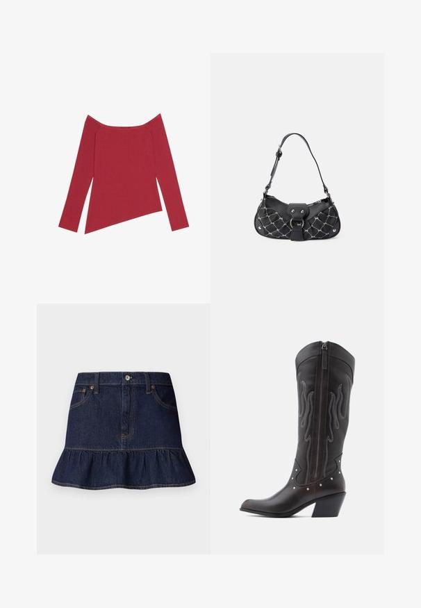 Rød off-the-shoulder top med lange ærmer, ribbet tekstur og asymmetrisk kant, der har en glat overflade og subtile sømme.; Mørk denimnederdel med volangkant, femlommesdesign, bæltestropper og lukning med knap foran. Glat tekstur og lige snit.; Brune læder cowboystøvler med flammebroderi, sidelukning med lynlås, sølvnitter, spids snude og lagdelt hæl.; Sort håndtaske med quiltet tekstur, der har sølvhardware, en buet form og en enkelt justerbar rem. Lynlås lukning øverst.