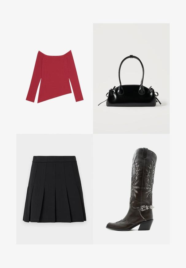 Rød off-the-shoulder top med lange ærmer, ribbet tekstur og asymmetrisk kant, der har en glat overflade og subtile sømme.; Sort plisseret nederdel lavet af et glat materiale. Har en bred linning og flere knivfolder, der går lodret.; Sort læder cowboystøvle med dekorative udskæringer, sølvspænde og skrå hæl, vist på hvid baggrund.; Lille sort blank håndtaske med to lange håndtag og snøre-detaljer i siden på en ensfarvet lys baggrund.