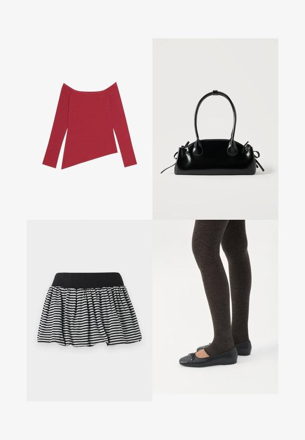 Rød off-the-shoulder top med lange ærmer, ribbet tekstur og asymmetrisk kant, der har en glat overflade og subtile sømme.; Stribet sort og hvid nederdel med et samlet design og elastisk talje, lavet af blødt materiale. Har en udvidet form for fylde.; Ben iført mørke ribbede leggings kombineret med sorte balletsko med små sløjfedetaljer på hvid baggrund.; Lille sort blank håndtaske med to lange håndtag og snøre-detaljer i siden på en ensfarvet lys baggrund.