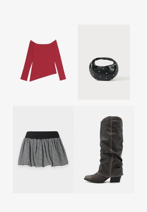 Rød off-the-shoulder top med lange ærmer, ribbet tekstur og asymmetrisk kant, der har en glat overflade og subtile sømme.; Stribet sort og hvid nederdel med et samlet design og elastisk talje, lavet af blødt materiale. Har en udvidet form for fylde.; Grå læder støvler op til læggen med et slouchy design, spidse tæer og stablet hæl. Bemærkelsesværdig syning detalje ved tåområdet.; Sort læderhåndtaske med en rundet form, dekoreret med sølvnitter, og et kort håndtag. Glat tekstur og lynlåslukning.