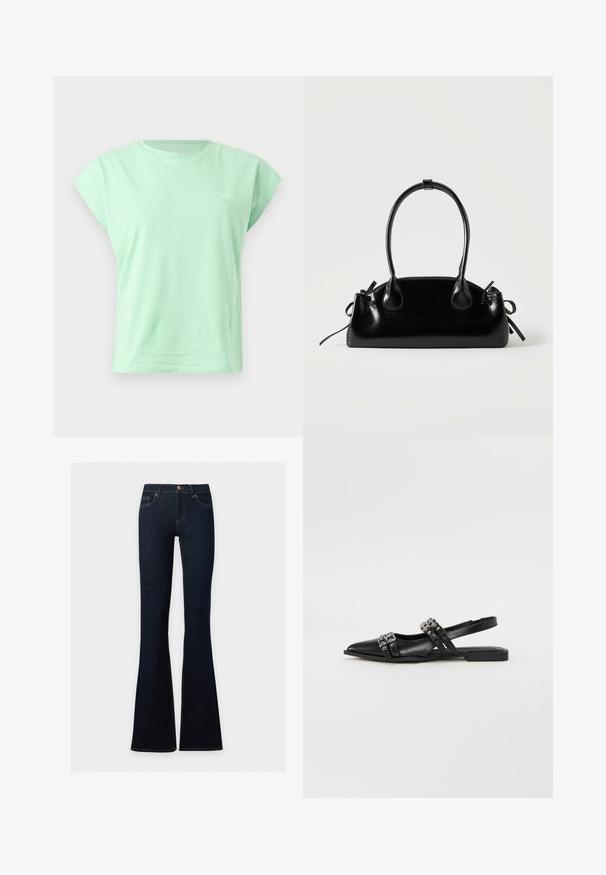 Μέντζε πράσινο, βαμβακερό, αμάνικο μπλουζάκι με στρογγυλή λαιμόκοψη και διακριτικό λογότυπο στο πάνω αριστερό μέρος του στήθους με λευκό φόντο.; Σκούρο μπλε τζιν τζιν με ψηλή μέση, εφαρμοστά στους γοφούς και τους μηρούς, που ανοίγουν στην κάτω πλευρά.; Even&Odd by Zalando Μπαλαρίνες με λουράκι στον αστράγαλο - black; Μικρή μαύρη γυαλιστερή τσάντα με δύο μακριές λαβές και λεπτομέρειες με ρυθμιζόμενο κορδόνι στο πλάι σε απλό ανοιχτό φόντο.