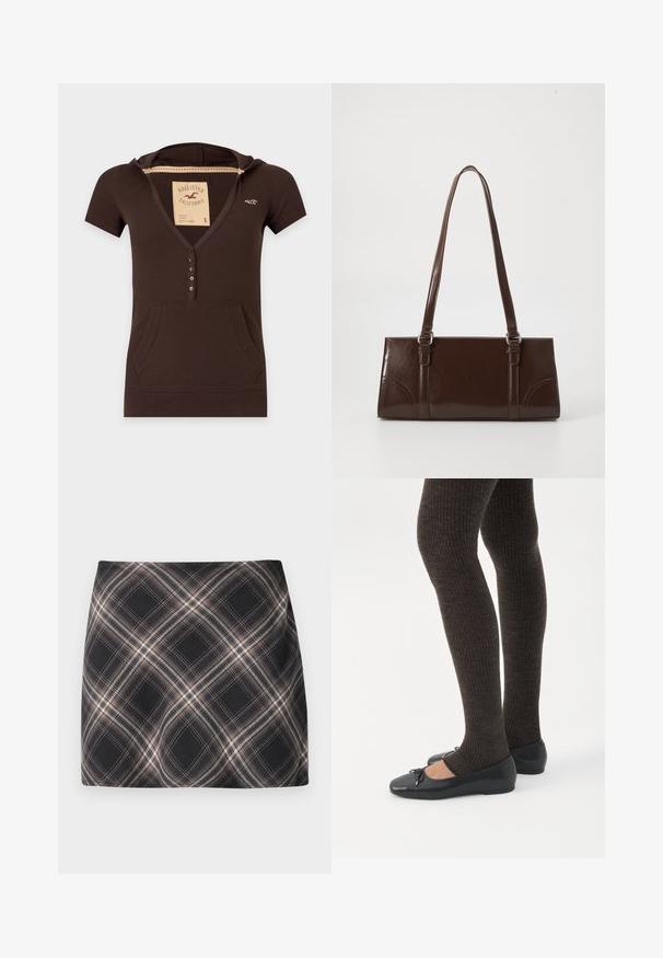 Camiseta marrón oscuro de manga corta con capucha, botones delanteros, bolsillo canguro y pequeño logo de la marca en el pecho.; Minifalda a cuadros en negro y beige con patrón de cuadros diagonal, cintura ajustada y textura de tela suave.; Piernas con leggings oscuros acanalados combinados con bailarinas negras que presentan pequeños detalles de lazo sobre un fondo blanco.; Bolso de mano de piel sintética marrón con forma rectangular, dos asas largas y sutiles acentos curvados en la parte delantera.